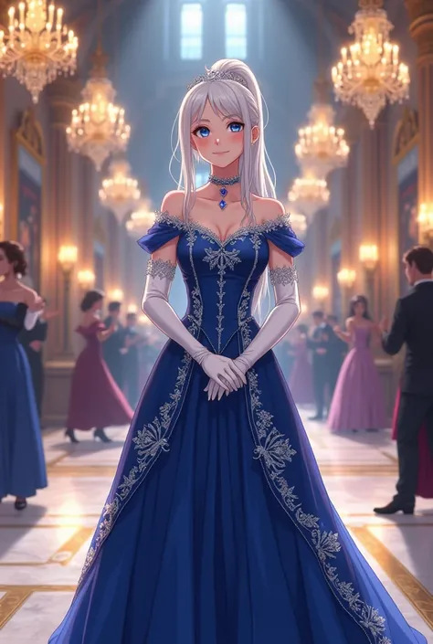 "A detailed anime-style character with long white hair as pure as snow, tied in a slightly shorter high ponytail, and eyes that shimmer with a deep, regal sapphire blue, reflecting elegance and brilliance. She is a 16-year-old young woman, depicted in a mo...