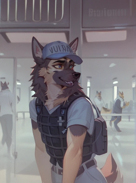 score_9, score_8_up, score_7_up, score_6_up, adult, very long haired, German shepherd, bulletproof vest, anthropomorphic, furry, airport 