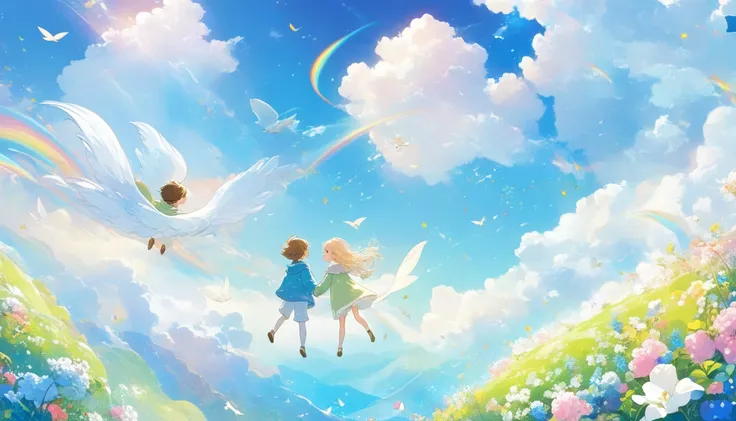 ( top quality,4K,8k, high definition ,  Masterpiece  :1.2),  The s hair in the clouds is fluffy like a cloud、Boy and girl turn their backs 、Birds flying in the sky，Soft sweater，Little Star,  fantasy illustration, Colors of Dreams, 2 ren ;Illustration style...