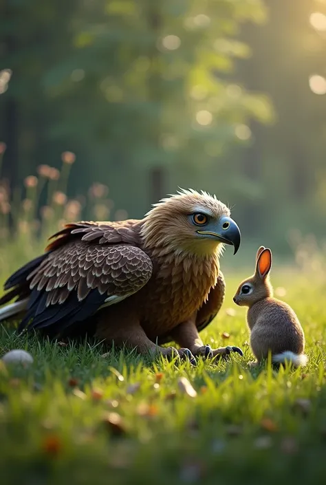 A large eagle lying on the grass, its wing wounded awkwardly. The eagle’s sharp eyes look tired but alert. A curious rabbit approaches slowly, the grass swaying gently in the breeze