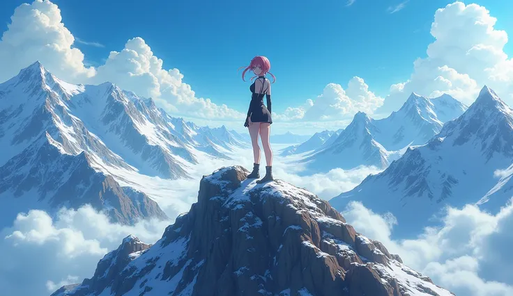 A anime woman stands on a mountain peak, gazing at the vast, endless horizon ahead, fearless of the future.