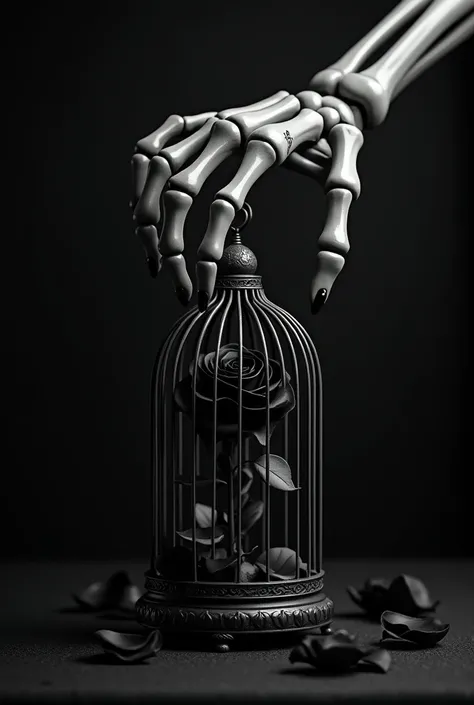 Skeleton hand holding a cage
Inside the cage, there is a black rose with falling petals