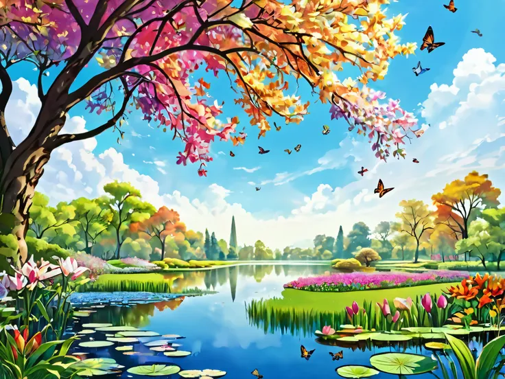 A wide shot of nature: colourful trees, beautiful sky, flowers, Lilly pond, amd butterflies. 
 (masterpiece best quality:1.2) delicate illustration ultra-detailed, illustrations,