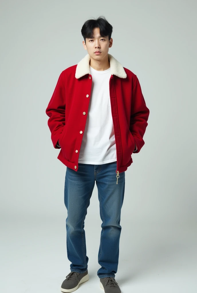 a photo of a korean man wearing t-shirt wearing jeans wearing shoes wearing a red thick jacket with wool on the white collar, face look to the camera, full body, longshot