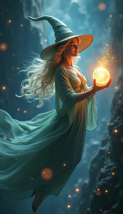  Best Quality ,  High resolution , 1girl, Elf, witch hat, Floating in space, Energy Ball, Light Particles,  Shiny Hair , shining star, fantasy,