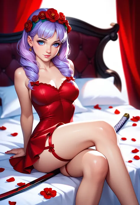 Young girl, long lilac hair, red flower on her head, lilac eyes, beautiful appearance, red short satin dress. There is a red wedding garter on her right hip. rens room with toys, a katana with a red hilt lies next to it. Top view. Sitting on a bed with her...