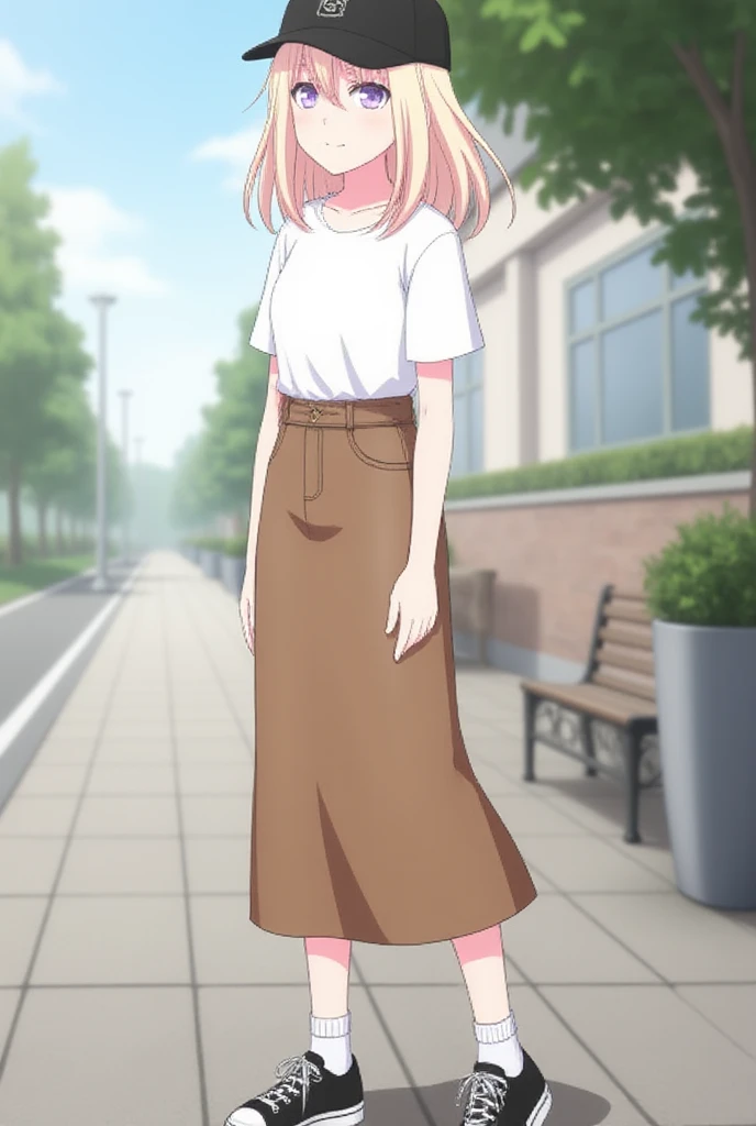 Misumi Uika,blonde hair bangs,purple eyes,smile,medium hair,hair between eyes, skirt,shirt,white shirt,short sleeves,shoes,socks,black footwear,black headwear,white socks,casual,sneakers,baseball cap,long skirt,brown skirt,shirt tucked in,medium skirt, hig...