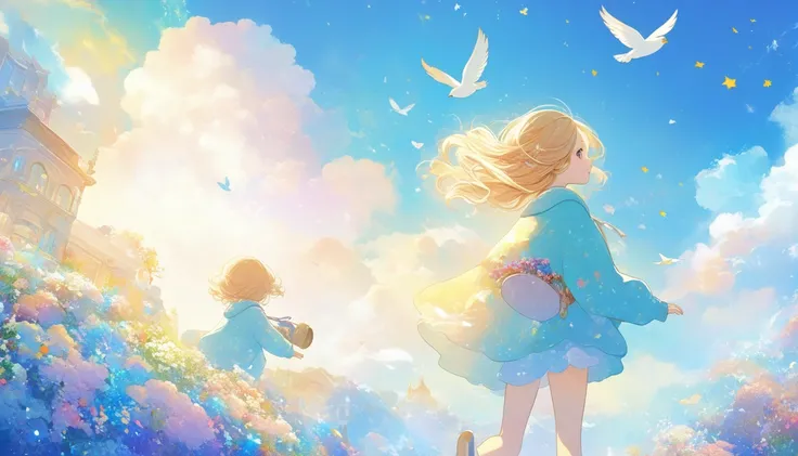 ( top quality,4K,8k, high definition ,  Masterpiece  :1.2), In the clouds２Human rens hair is fluffy like a cloud、Boy and girl turn their backs 、Birds flying in the sky，Soft sweater，Little Star,  fantasy illustration, Colors of Dreams, 2 ren ;Illustration s...