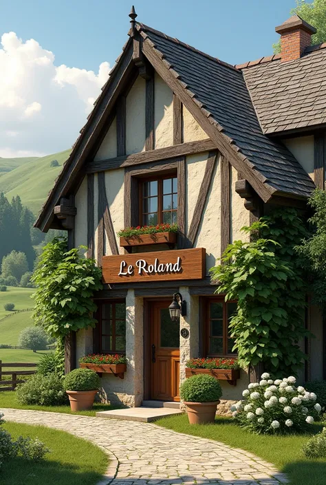 Devanture dun restaurant dans un corps de ferme qui sappelle *Le Roland "  surrounded by greenery