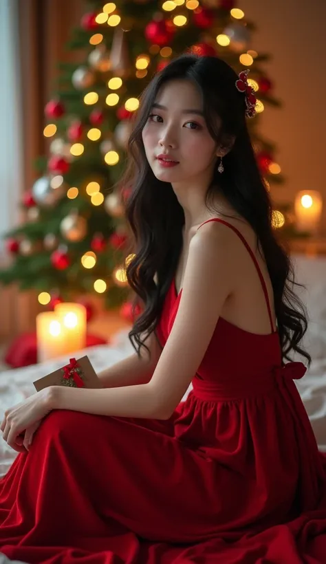 一个beauty的亚洲女人留着长发， with a bow in her hair ，Sitting in front of a Christmas tree ， holding a Christmas card in her hand ， wearing a red full-length dress ， facing the camera ，beauty，Soft candlelight，Knees up，Velvet，Relax，dslr，bedroom，Long lens（LS）， Best Qua...