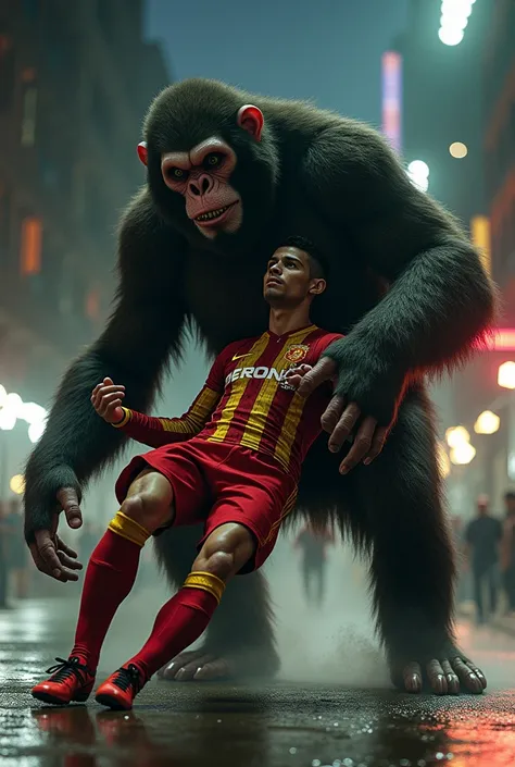 A big monkey attacks Ronaldo, and Ronaldo falls down.ronaldo weard ironman red and yellow suite.at street night