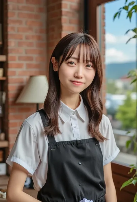 (8k、  Uncut Pictures  、top-quality、​masterpiece:1.2)、( realistic 、 photorealistic :1.37)、 ultra-detailed、
1. Beauty、18 years old、solo、 beautiful detailed sky 、Detailed Cafe、Cafe staff、Select、(Flushing of the nose)、(smile:1.1)、(Shut up)、Soft Breasts、魅惑的なsmi...