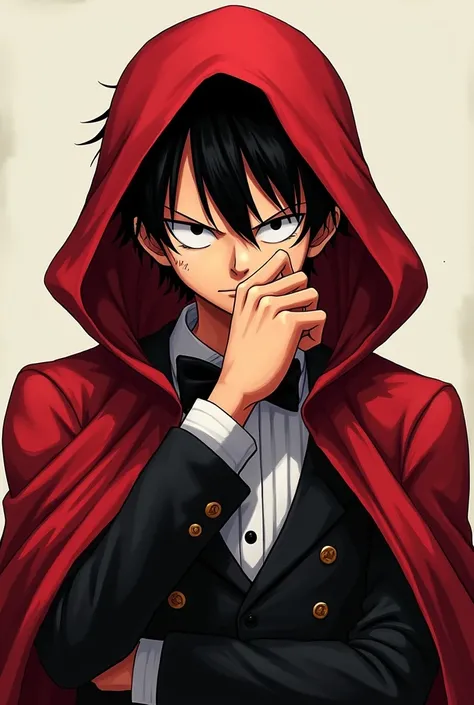 detailed manga, anime style luffy from one piece
looking away in a red hood black tuxedo. 