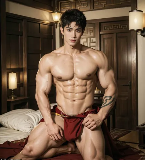  2 handsome boy tibetan kissig, touching lips, cuddle, grab the butts, romanctic, hug , naked, smiling, catching eyes , Chinese Men God, Mythology, realistic, Chinese odyssy, super Handsome,manly,  kpop idol, handsome korean actor, 20 years old,, detailed ...