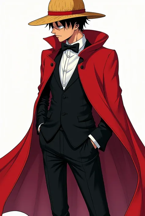 detailed manga, anime style luffy from one piece
looking away in a red hood black tuxedo.  Full body view. 