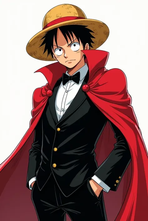 detailed manga, anime style luffy from one piece
looking away in a red hood black tuxedo.  Full body view. 