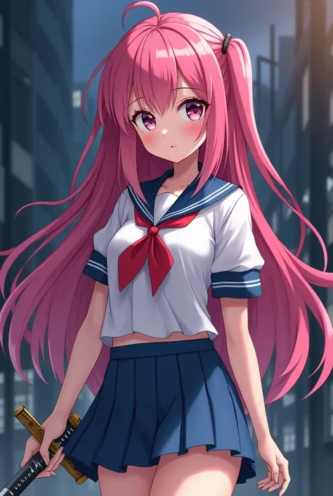 anime girl with pink hair and a sword in her hand, with sailor uniform and blue mini skirt, gapmoe yandere, made with anime painter studio, yandere, katana zero video game character, stylized anime, demon girl, anime stylized, cushart krenz, anime style ch...