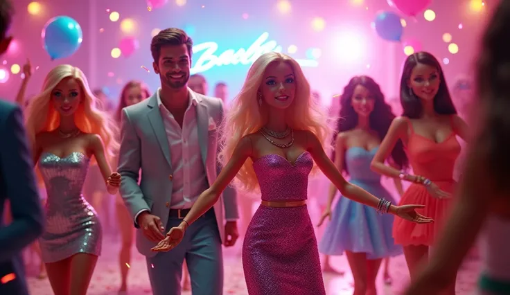 Barbie hosting a lively party with her friends and Ken. Everyone is dancing under disco lights with balloons and confetti falling around them.

