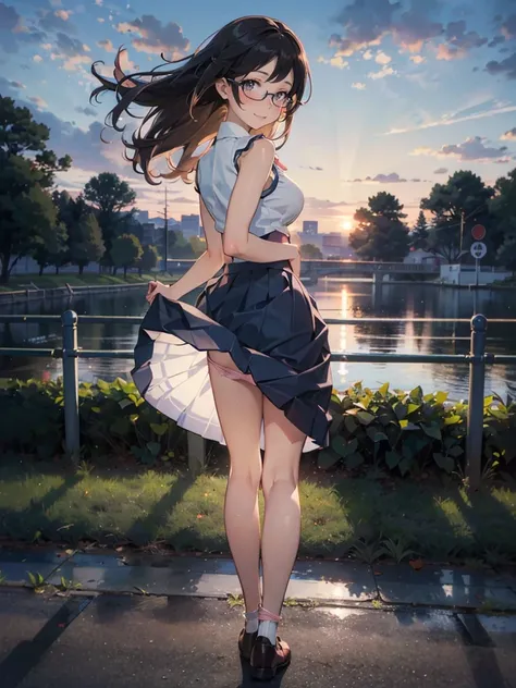 anime - style illustration of a woman in a high school outfit, sleeveless shirt:1.5, anime character, official character art, feminine, full body, female anime girl, Posing:1.5, parted bangs, glasses, (tanned:1.0), look back, looking at viewer, smile:1.5, ...