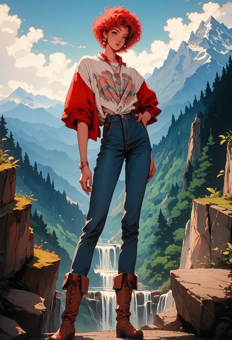 red hair, vintage, (Vixons Anime/Manga Styles - 90s Anime), pose gracefully, perfect body, wear a shirt and wear jeans, mountain background, wearing boots, short hair