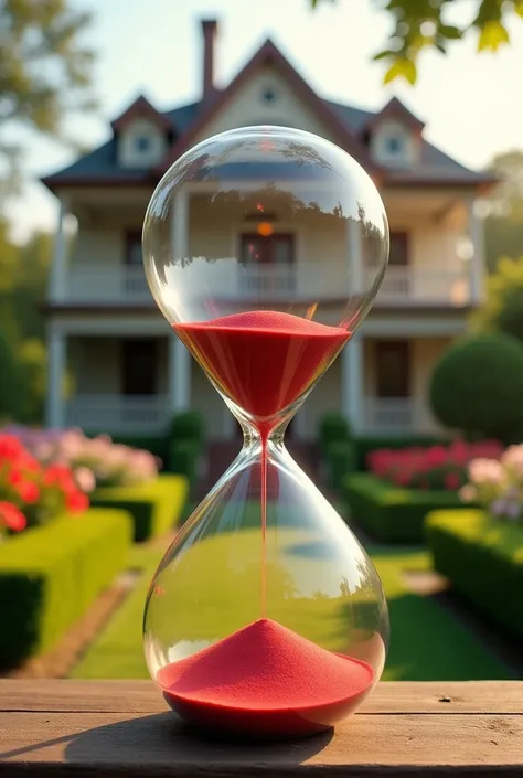 The image depicts a large transparent hourglass placed in a serene setting with a beautiful two-story house in the background surrounded by a lush, vibrant garden. Inside the hourglass, red sand flows gracefully from the top chamber to the bottom. At the b...