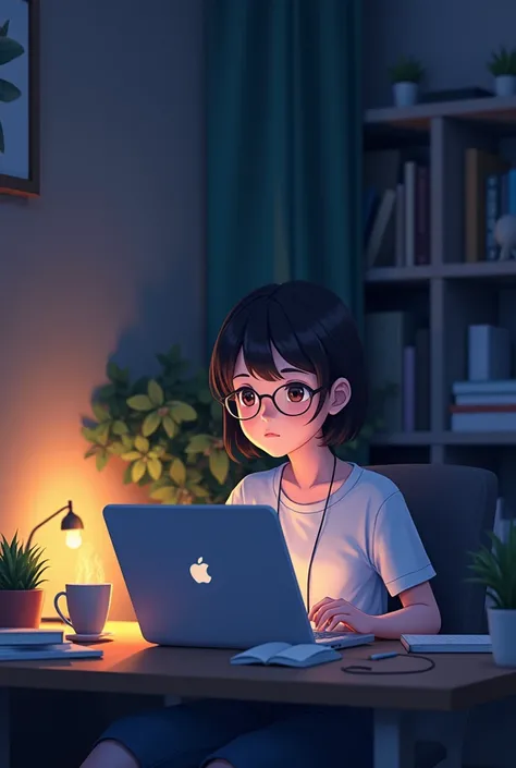 night learning coding with 2d anime style