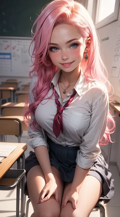  High definition,  Realistic anatomy ,  best quality,  Highly detailed ,  high quality ,An innocent girl in a school uniform sits at her desk during a class at school, long hair,  double tails ,  pink hair ,  straight hair , Breasts,  blue eyes, makeup, di...