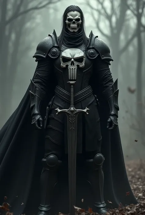 A knight in black armor with a human skull mask on their face, slick hair and the punisher logo on his chest