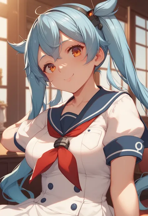  Kantai Collections Murakumo 　 ship Kouno no Murakumo 　Murakumo-chan 　 double-knot pigtails with light blue hair 　 wearing a white dress like a sailor suit　 wearing a long red tie 　 beautiful orange eyes 　 chest size is moderately small 　 girl