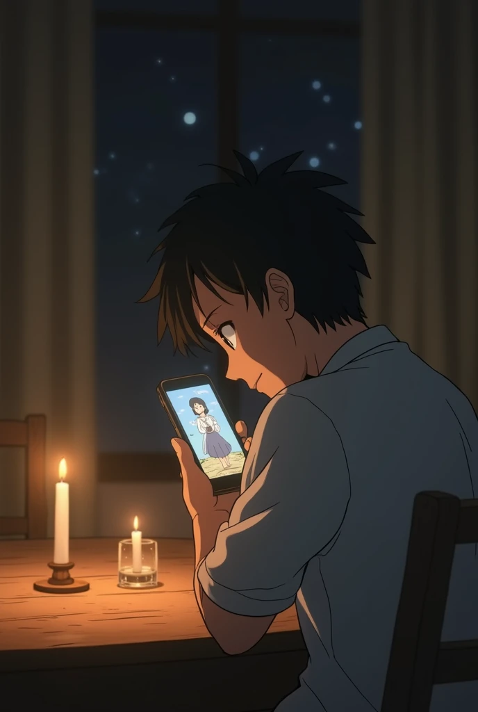 /Command image : , a man announced the news of his marriage with excitement on his phone screen.,  surrounded by dim lights on the dining table and an empty living room ,  by Hayao Miyazaki --Nichi 5   