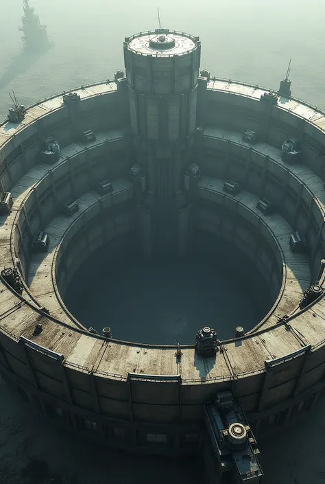 Dystopian facility that has 3 ring wall and the facility in the the center of the rings