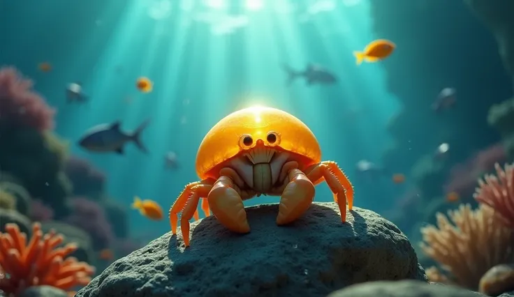 Kano, the hermit crab with a bright golden shell, is perched on a rock in the center of the reef. His shell reflects the suns rays that pass through the water. All around him, the reef is full of marine life, such as tropical fish and sharks, but Kano stan...