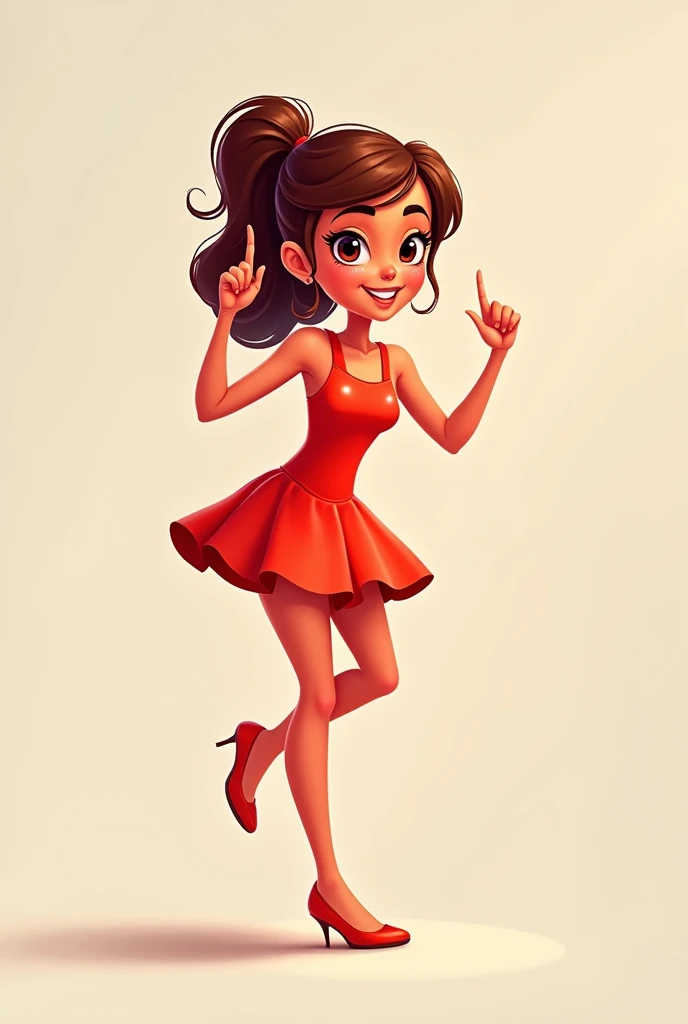 A very shiny red cartoon girl with minimal dress dancing towards camera