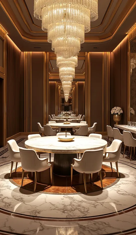 A grand dining area with a round marble dining table and intricately designed marble flooring. Crystal chandeliers hang above, while a marble buffet table sits in the background.