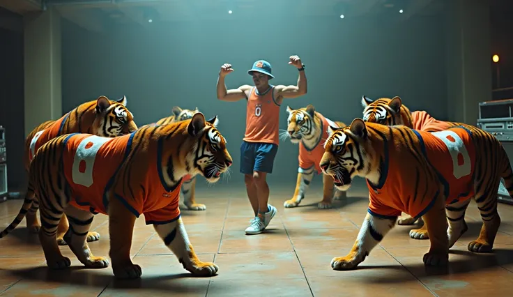 Bengal tigers wear gear and bucket hats from unknown sports manufacturers、 s breakdancing in front of them forming a circle 、 Surreal Photos 。Theres a boom box in the corner 。