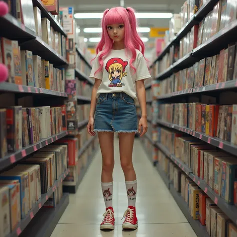 Estilo hyperrealista foto, Masterpiece, lots of details, great quality, teenage, with anime-printed t-shirt, pink hair, denim skirt and printed socks above the knee plus two converse sneakers, in a comic book store.