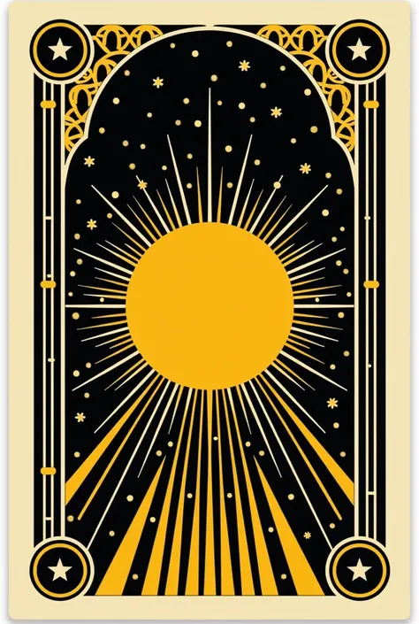 card mirrors this design but features a sunburst pattern at its center. A large yellow sun radiates outward with lines extending to the bottom, surrounded by smaller yellow rays and white lines. Scattered throughout are white stars and small yellow dots, c...