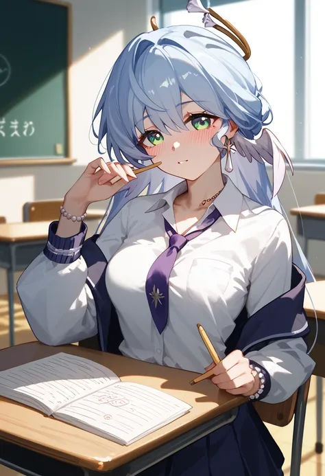 robin (honkai: star rail),medium breasts, slender body、25-year-old woman,school uniform, long sleeve 、classroom、 blush, chest up、へそ出し