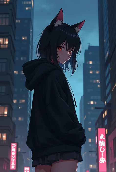 1 woman anime  ,  wearing a black hoodie  cat ears , Stand bent over  ,  Hip-hop style , midnight city bg, 