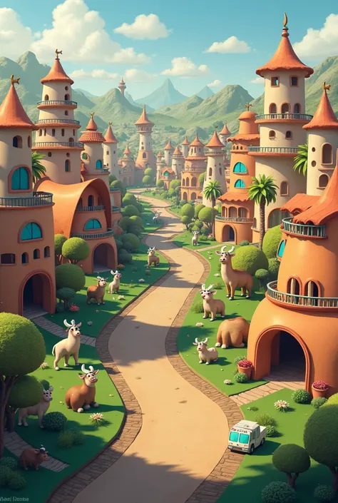 Can you please draw a design for a livestock-themed tourist city. where cars, houses and streats looks like a livestock shape like cow , camel or goats please