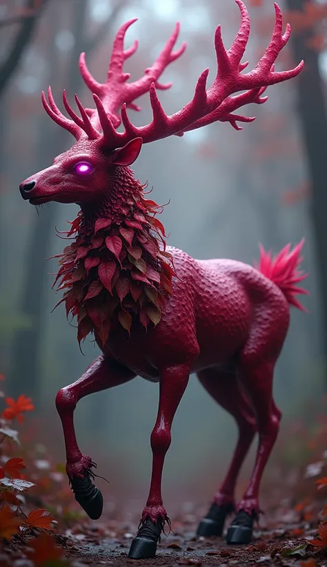 Create 32k ultra-realistic, masterpiece art of a dangerous fighting hybrid fusion between a deer, a cranberry, and beets. This creature has the slender, agile body of a deer, but its fur is replaced with a glossy, deep-red texture resembling cranberry skin...