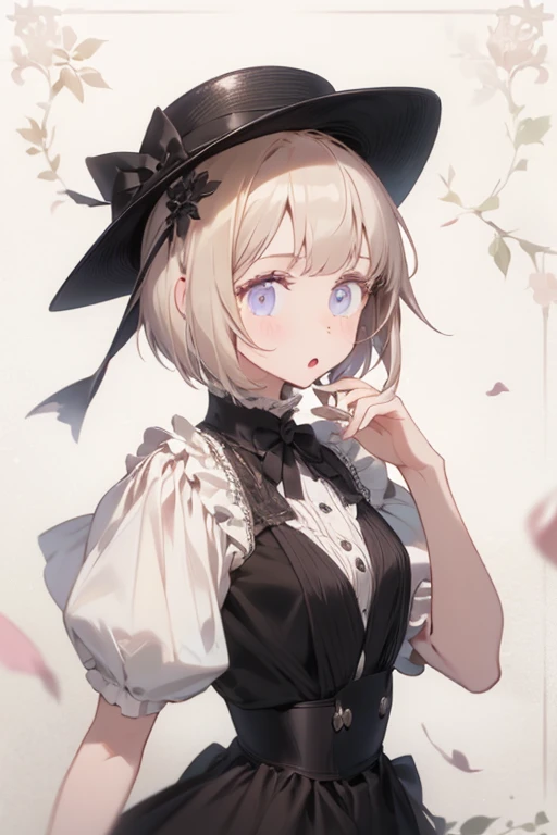 1girl,:o,black_dress,bob_cut,brown_hair,commentary_request,cowboy_shot,dress,hat,highres,looking_at_viewer,osanai_yuki,parted_lips,pink_eyes,puffy_short_sleeves,puffy_sleeves,short_hair,short_sleeves,shoushimin_series,simple_background,solo,teiku_(tokageza...