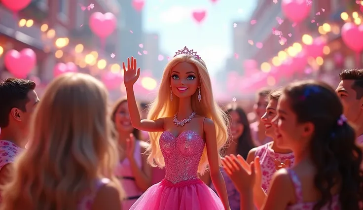 Barbie standing in the center of a cheerful crowd, spreading happiness. People of all ages are smiling and clapping as Barbie waves, surrounded by hearts and sparkles.

