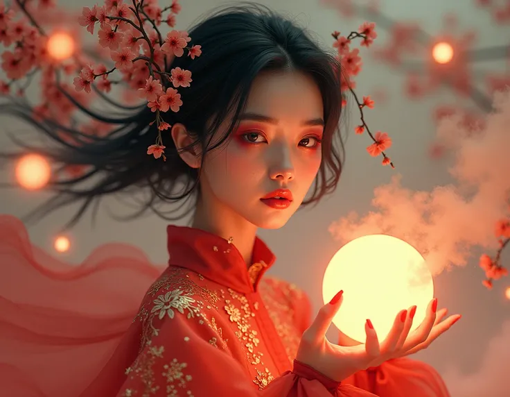 A surrealistic half-body composition featuring a young Asian woman with artistic makeup—bold red streaks around her eyes and golden shimmer on her cheeks and lips. Her futuristic gown,morphing between red and gold hues,appears to melt into the glowing orbs...