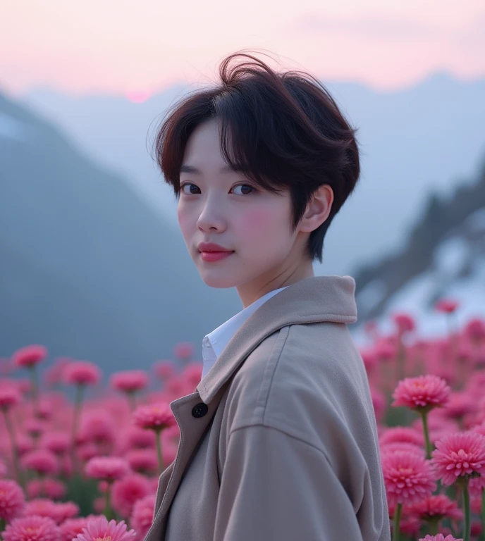 Realistic, pretty Asian woman 45 years pixie cut dark brown hair, wearing shirt and coat, looking at viewer, standing in front of bright pink gerbera garden hillside, snowy mountains on the background, foggy day, pink -blue sky , winter atmosphere 