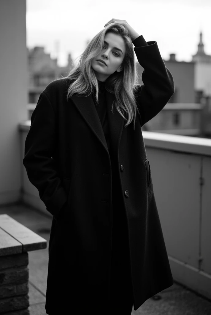 black and white portrait photography, Vogue photoshoot, deep shadows, low light ,full body shot of a Danish girl wearing a classy overcoat, arms up, stroking her hair, New york fashion, standing on a terrace in manhattan, Manhattan skyline in the backgroun...