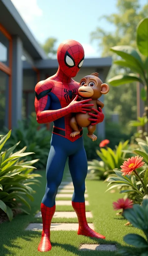 Spider-Man costume holding a cartoonish monkey made of brown sausage . The setting is a lush green yard with tropical plants and a modern house in the background. 