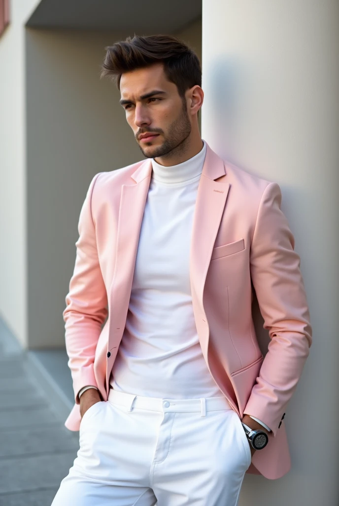 Man wearing Light pink blazer,high nech t shirt with white pant 