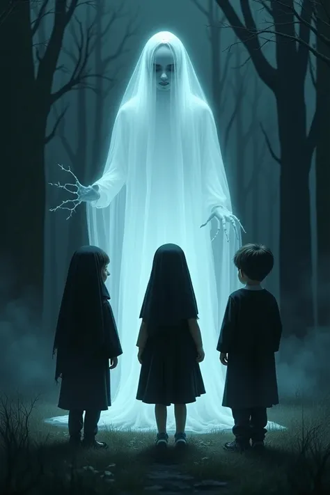 Ghost, small girl and small boys, at middle of The night, wearing funeral clothes, not smiling 