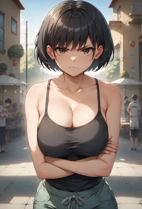 Anime-style character, source_anime, 1woman, Adult, mature woman, 20 year old, Cool anime girl, black Spaghetti Strap Tank Top, red racing shorts, anime girl with cute face, Pout face, disgusted face, serious look, annoyed expression, Jealous, defense pose...